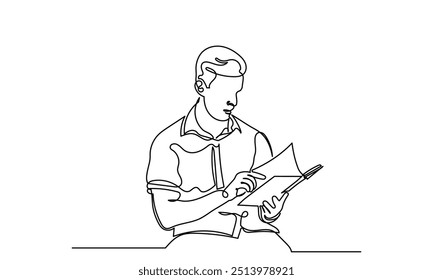 Desenho de linha contínua de um homem sentado lendo uma revista ou livro. Jovens homens de linha única lendo a vida melhoram o livro. O conceito de estudo, pensamento, encontrar novas ideias, aprendizagem e educação.
