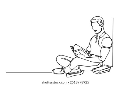 Continuous line drawing of a sitting man reading a magazine or book. Single-line young men reading life improve the book. The concept of study, thinking, finding new ideas, learning, and education.

