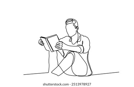 Continuous line drawing of a sitting man reading a magazine or book. Single-line young men reading life improve the book. The concept of study, thinking, finding new ideas, learning, and education.

