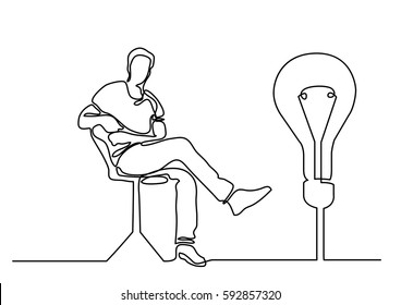 continuous line drawing of sitting man with bright idea