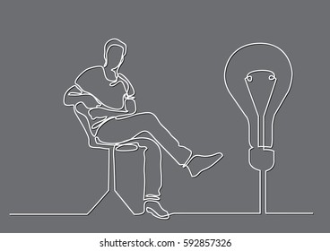continuous line drawing of sitting man with bright idea