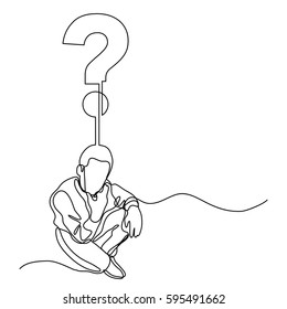 continuous line drawing of sitting man thinking about question