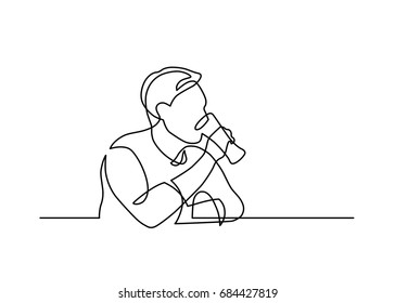 Continuous Line Drawing Of Sitting Man Drinking Beer. Vector Illustration.