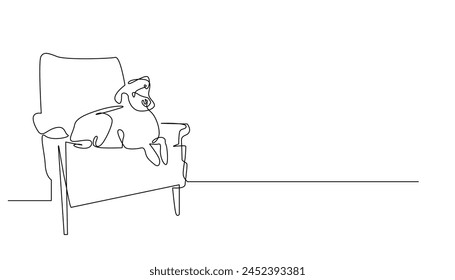 dibujo de línea continua.perro sentado en la silla.perro de mascota sentado en la silla de invitados.Ilustración vectorial de una sola línea.fondo blanco aislado