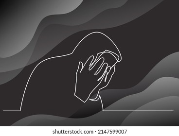 continuous line drawing of sitting person in grief