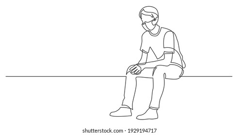 continuous line drawing sitting young man thinking wearing face mask