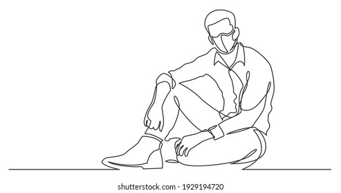 continuous line drawing of sitting young man in boots wearing face mask