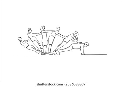 A continuous line drawing of six figures in various poses, symbolizing connection and teamwork.