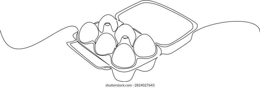 continuous line drawing of six fresh eggs in open cardboard egg carton, half-dozen farm eggs, modern minimalist line art vector illustration
