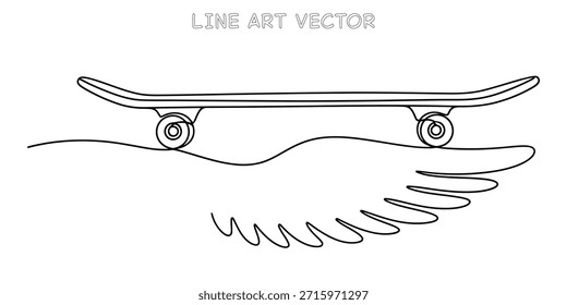 Kontinuierliche Linienzeichnung eines Skateboards mit abstrakten Flügeln, die Freiheit, Geschwindigkeit und urbane Jugendkultur symbolisieren. Minimalistische Schwarzweißgrafik. Vektorgrafik