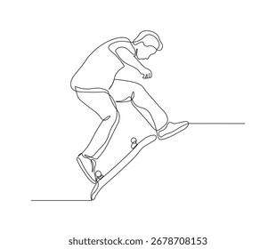 Kontinuierliche Linienzeichnung von Skater Performing Tricks im Skate Park