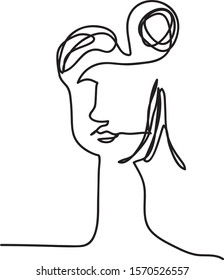 Continuous line, drawing sketch abstract  portrait and curly hairstyle, fashion concept, woman beauty minimalism design. Vector illustration.