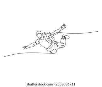 Continuous line drawing of a skydiver mid-freefall with a parachute, arms and legs extended, capturing the essence of excitement and motion in minimalist form