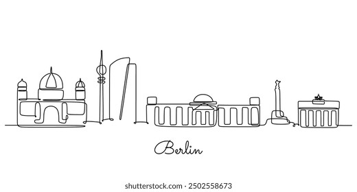 Dibujo continuo del horizonte de Berlín, Alemania. Ciudad europea moderna con arquitectura icónica representada en un estilo lineal simple.