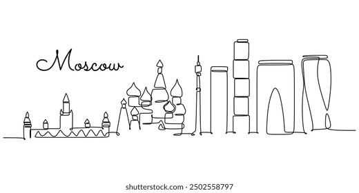 Continuous line drawing of Moscow’s skyline, Russia. A major European city depicted with iconic architecture in a simple linear style.