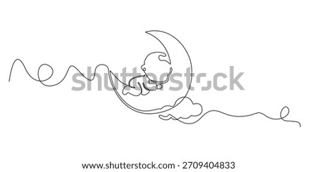 Continuous line drawing of a sleeping baby resting on a crescent moon above soft clouds. Single-line illustration suitable for nursery themes, bedtime, innocence, and calm.
