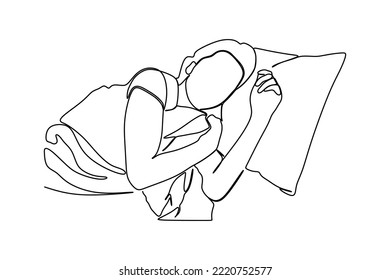 continuous line drawing of sleeping young woman lies in bed with eyes closed