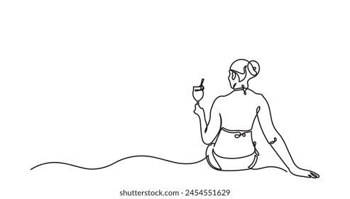 Dibujo de línea continua de una mujer joven delgada sentada en la playa con la celebración de cóctel. Chica de vista trasera disfruta de vacaciones de verano. Ilustración vectorial de dibujo de una línea.