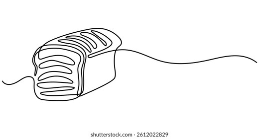  Continuous line drawing of a slice of bread. Minimalist design for bakery, Fresh breads one line continuous drawing. baguette continuous one line illustration, Continuous line drawing of a slice.