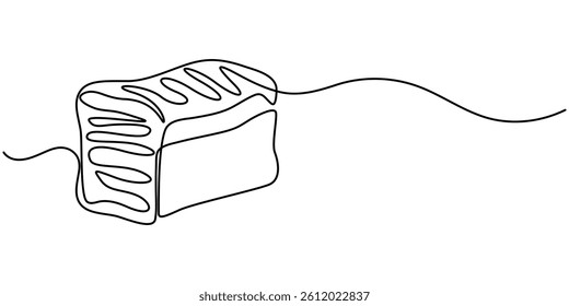  Continuous line drawing of a slice of bread. Minimalist design for bakery, Fresh breads one line continuous drawing. baguette continuous one line illustration, Continuous line drawing of a slice.