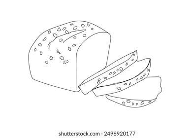 Continuous Line Drawing Of Slice Of Cake or bread.  Bakery linear. Minimalist line art design for cafe or restaurant menu, web banner.