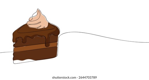 Continuous line drawing of a slice of chocolate cake topped with frosting, ideal for dessert, cafe, and celebration themes.
