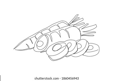 Continuous line drawing of sliced carrot. One line art of carrot vegetable. Single line draw of healthy vegetable for lifestyle. Vector illustration