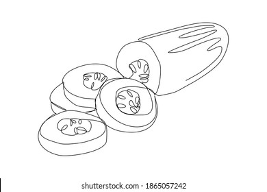 Continuous line drawing of sliced cucumber pickles. One line art concept of fresh food fruit and vegetable. Vector illustration