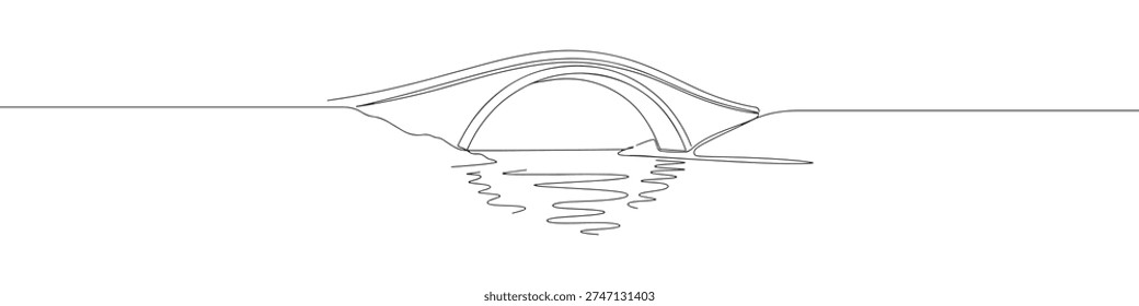 A continuous line drawing of a small, arched bridge spanning calm water with a reflection, rendered in a minimalist style against a white background.