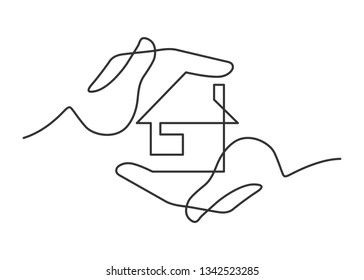 Continuous Line Drawing Of A Small House Between Two Human Hands, Meaning Care And Love. Vector Illustration