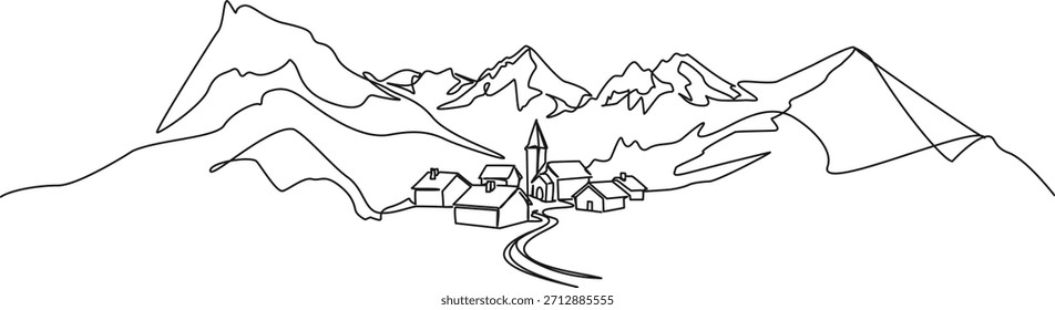 continuous line drawing of small mountain village, line art vector illustration