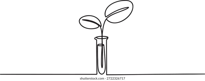 Continuous line drawing of a small plant sprout growing inside a test tube, symbolizing scientific research, biotechnology, and organic growth. Represents environmental care, innovation, and biological experiments.