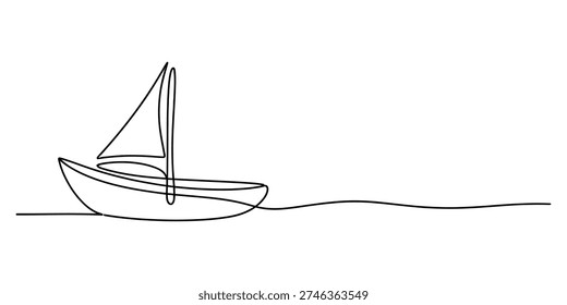 A continuous line drawing of a small sailboat sailing across a calm body of water Vector, illustration