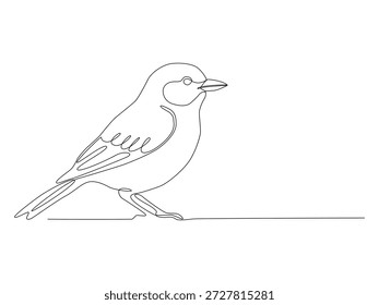 Dibujo lineal de un Pequeño pájaro cantor posado en una rama en un estilo gráfico minimalista.