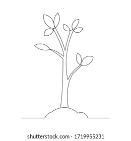 Continuous line drawing of small tree growth. Vector illustration