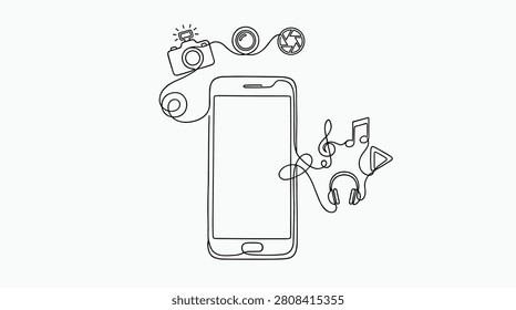 Continuous line drawing of smartphone surrounded by creative media icons including camera lens and musical notes. This vector illustration represents mobile entertainment multimedia capabilities and modern digital lifestyles. Perfect for technology app development design.