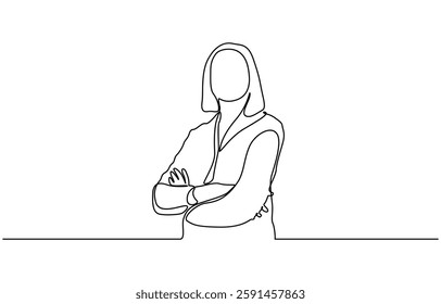 Continuous line drawing of smiling blonde business woman, One line drawing of successful business woman with crossed arms, hand drawn style vector.