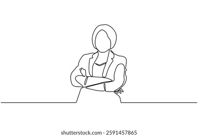 Continuous line drawing of smiling blonde business woman, One line drawing of successful business woman with crossed arms, hand drawn style vector.