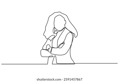 Continuous line drawing of smiling blonde business woman, One line drawing of successful business woman with crossed arms, hand drawn style vector.