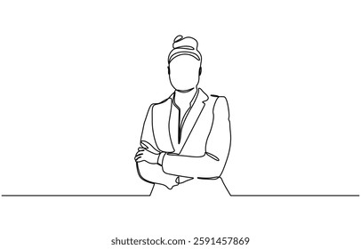 Continuous line drawing of smiling blonde business woman, One line drawing of successful business woman with crossed arms, hand drawn style vector.