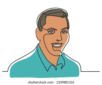 continuous line drawing of smiling businessman in shirt on white background