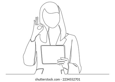 continuous line drawing of smiling businesswoman with the tablet