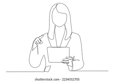 continuous line drawing of smiling businesswoman with the tablet
