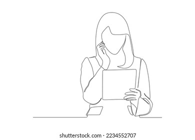 continuous line drawing of smiling businesswoman with the tablet
