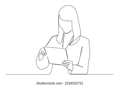 continuous line drawing of smiling businesswoman with the tablet