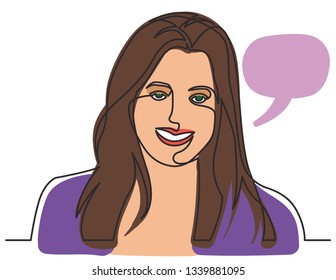 continuous line drawing of smiling happy woman on white background