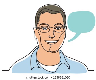 continuous line drawing of smiling man in glasses on white background