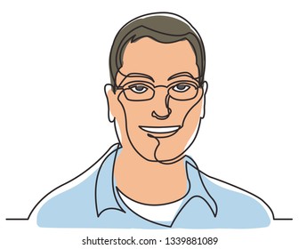 continuous line drawing of smiling man in glasses on white background
