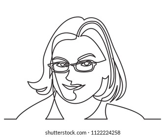 continuous line drawing of smiling woman in glasses on white background