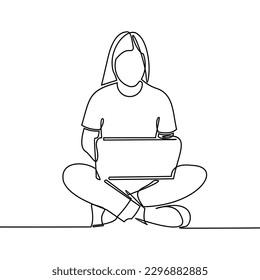 continuous line drawing of smiling young woman working on laptop computer